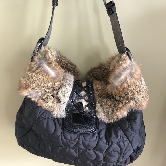 Coach Black Quilted Nylon Rabbit Fur Shoulder Bag - Picture 3 of 7